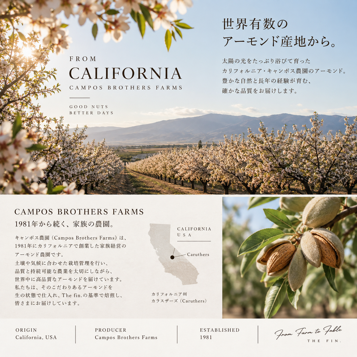 カリフォルニア産アーモンド｜キャンポス農園 シングルバレル