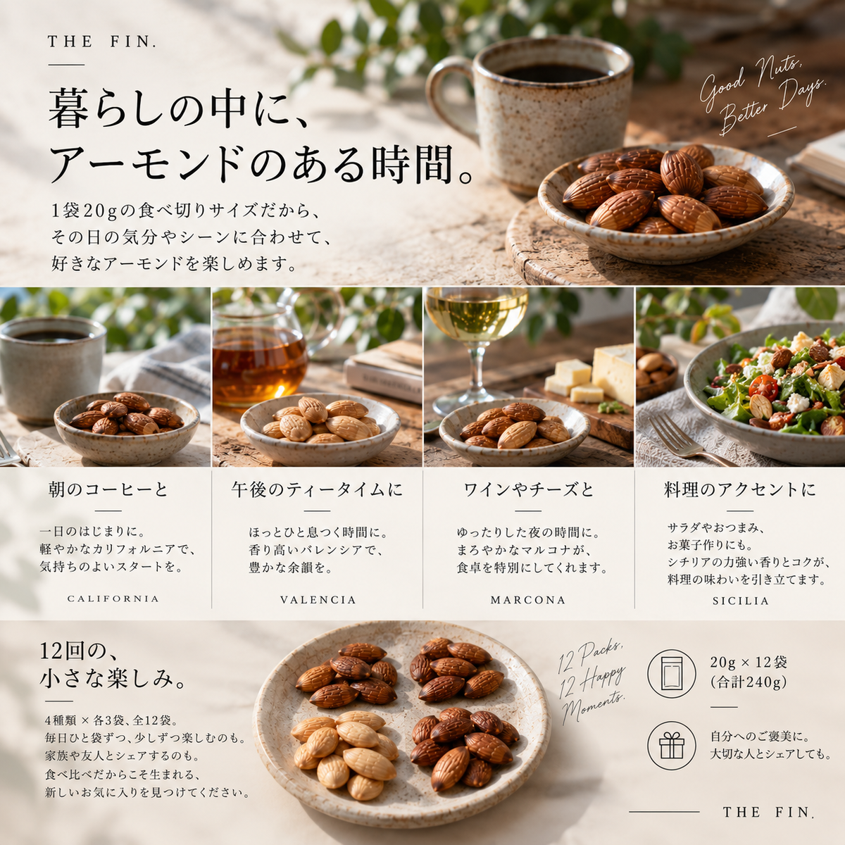 世界のアーモンド4種 食べ比べセット｜20g×12袋・注文後自家焙煎