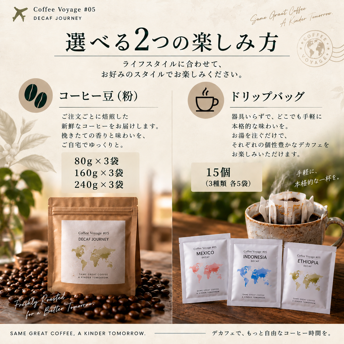 Coffee Voyage #05｜はじめてのデカフェ3種飲み比べ｜メキシコ・インドネシア・エチオピア
