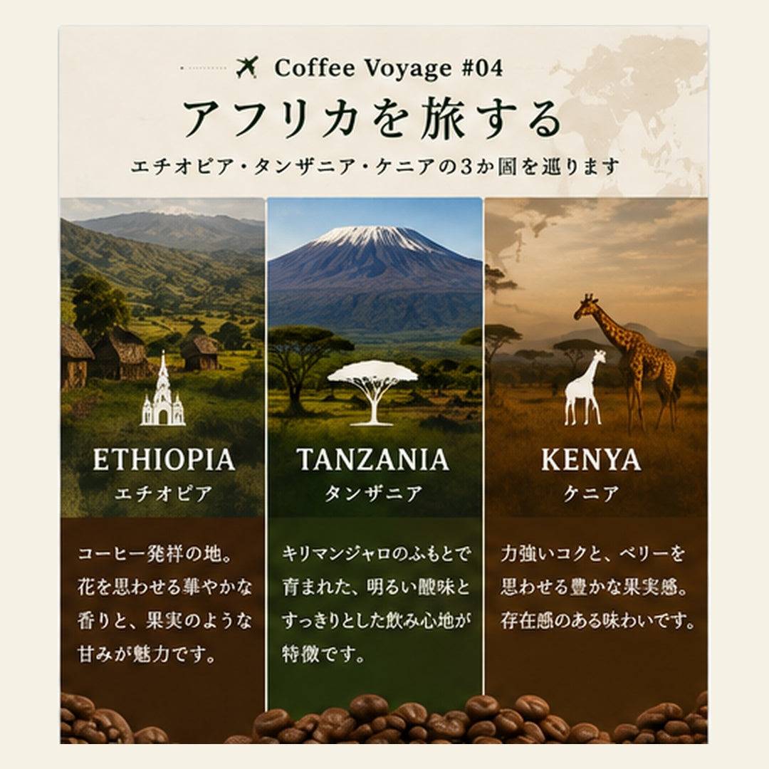 Coffee Voyage #04｜アフリカを旅するコーヒーアソート｜エチオピア・タンザニア・ケニア スペシャルティコーヒー飲み比べ